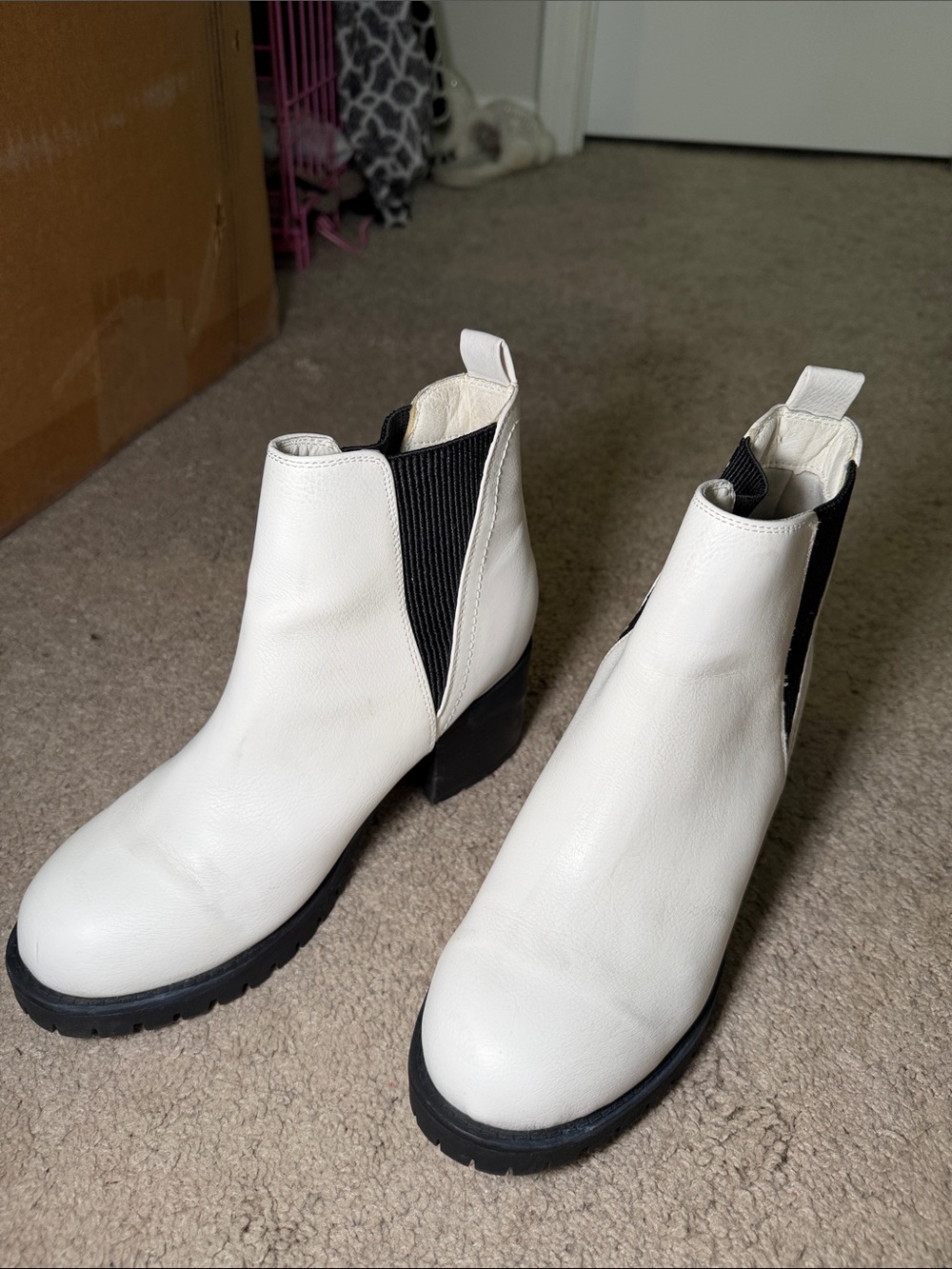 White Chelsea Ankle Booties with Black Elastic Panels